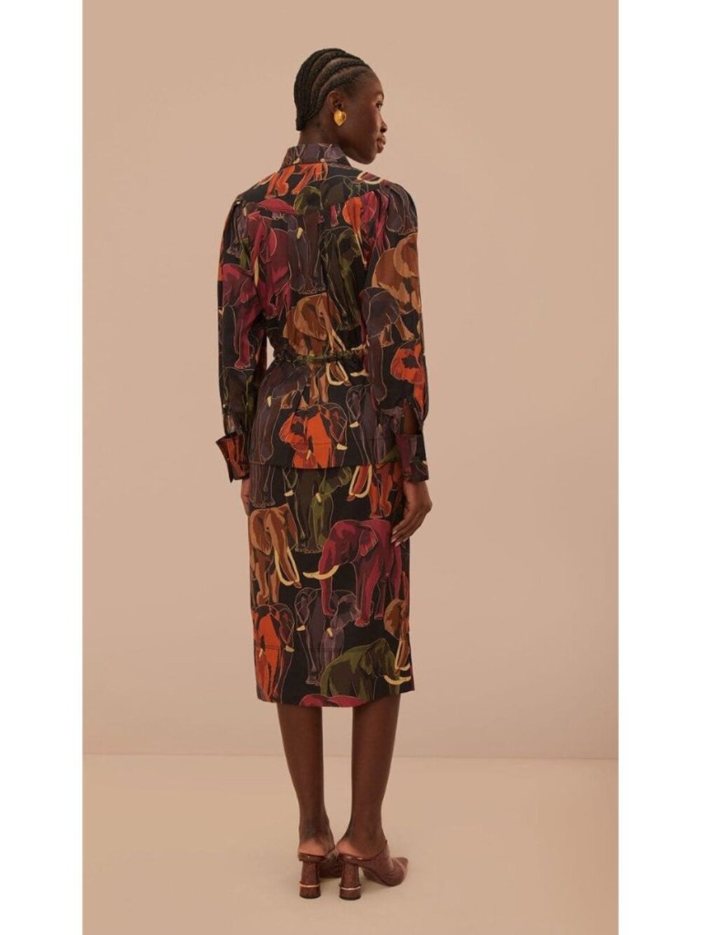 Farm Rio Elephants Brown Long Sleeve Midi Dress Safari Trench Button Front Sz XS - Picture 2 of 4